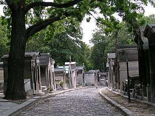 A cobbled street stretches out from the foreground and bends to the left. The street is lined with above-ground tombs, and a number of trees appear in the background.