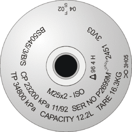  Diagram of a cylinder shoulder with stamp marking: M25x2 ISO BS5045/3/B/S CP 23200kPa 11/92 SER NO P2699M LUXUK 2451 3V03 TP 34800kPa CAPACITY 12.2L TARE 16.3 kg, and three hydrostatic test dates