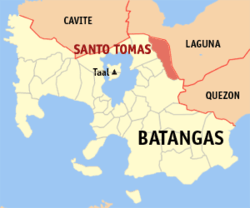 Map of Batangas showing the location of Santo Tomas