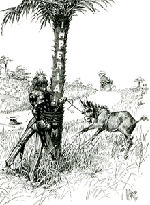 Uncle Sam (representing the United States), gets entangled with rope around a tree labelled "Imperialism" while trying to subdue a bucking colt or mule labeled "Philippines" while a figure representing Spain walks off over the horizon carrying a bag labeled "$20,000,000"