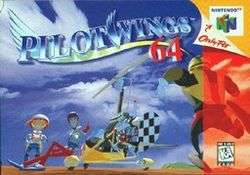 The image shows a stylized title displaying "Pilotwings 64" in blue and red text. Two characters pose on the far left beside a yellow and checkerboard-colored autogyro. A third character is running from the right side of the foreground toward the others. On the right are the logos "Only for Nintendo 64" under a peeled away portion of the image and "K–A ESRB" set within a red tint.