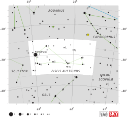 Diagram showing star positions and boundaries of the Piscis Austrinus constellation and its surroundings