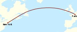 A simplified map of the northern Atlantic, showing a curved great circle route from Paris to New York