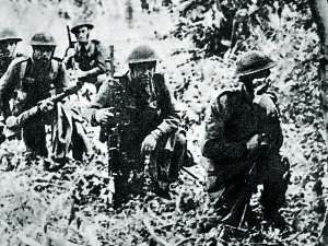 Five soldiers kneel down in woodland.