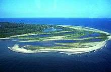 An aerial view of the green and sandy end of a peninsula, surrounded by blue water.