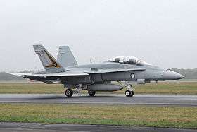 Twin-jet, twin-fin military jet taxiing along a runway