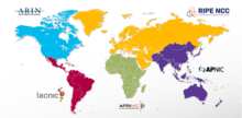 Map of service regions of the Regional Internet Registries