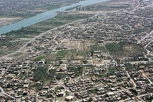 Aerial photograph of a built-up area, with a major river, houses, and palm groves.