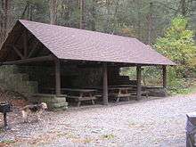 Several picnic tables inside a roof supported by large beams and stone walls