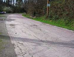 A road paved with worn, red bricks, gently curving around trees and bushes.