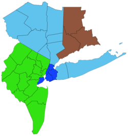 A color coordinated map of the 31 counties from New York, New Jersey, and Connecticut that are under the purview of the Regional Plan Association