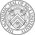 The academic seal of Rice University. A shield divided by a chevron, carrying three owls as charges, with scrollwork saying LETTERS, SCIENCE, ART