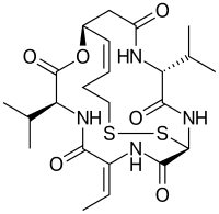 Skeletal formula of (1S,4S,7Z,10S,16E,21R)-7-ethylidene-4,21-diisopropyl-2-oxa-12,13-dithia-5,8,20,23-tetrazabicyclo[8.7.6]tricos-16-ene-3,6,9,19,22-pentone