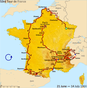 Map of France with the route of the 1966 Tour de France