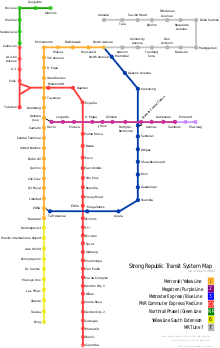 Color-coded lines on an outline map illustrating relative positions of existing and planned routes as described in the text