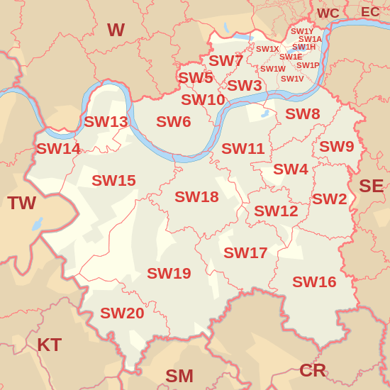 SW postcode area map, showing postcode districts, post towns and neighbouring postcode areas.