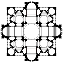 This is plan 1 of 3. The plan is based on a square, superimposed on a cross with arms of equal length. The cross makes the main sections of the church building: nave and chancel crossed by the transepts, with a circular dome over the crossing. There are four smaller domes, one in each corner of the square. The arms of the cross project beyond the square.