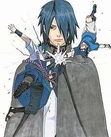 This is a picture of Sasuke Uchiha in three different designs. The right side is his kid form (wearing a blue shirt and light gray shorts), the left is his teenage form (wearing a light gray turtleneck shirt and blue pants), and the middle is his adult form (wearing a dark cape and a light gray shirt).