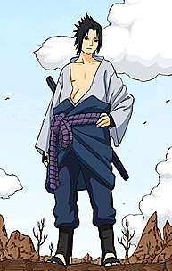 This is an image of Sasuke Uchiha in his teenage design, wearing a grey turtleneck shirt, and blue pants.