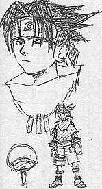 This is an image of Sasuke's original sketch design in Part I that includes his full body, face, and (Uchiha) clan symbol