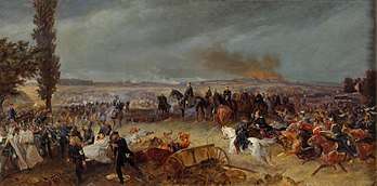 An oil painting of a battlefield, with several mounted cavalry in black; an indistinct city burning on the horizon.