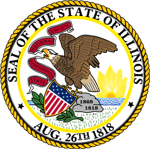 A state seal, with Illinois' name and date of admission to the Union, and an eagle with ribbon in mouth and clutching a Federal shield