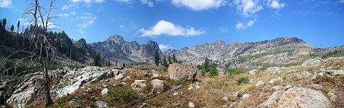 A panorama of the Seven Devils viewed from the east in summer