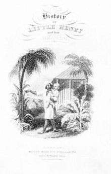 Indian man is holding a young, white boy in his arms and pointing to something. They are standing in front of palm trees and a hut.