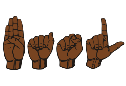 A series of four hands fingerspelling "B-A-S-L"