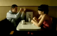 A small, square table with round edges against a tan wall. On the table there are coffee cups and a menu, with chairs on two sides, opposite each other. On the right sits a young, brunette woman with large earrings, fringe hair and a pink dress, who stirs the coffee. On the left sits a young man in a grey jumper, who gesticulates the act of punching with his hands.