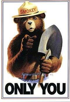 poster of bear with hat and shovel, pointing, above words "ONLY YOU"