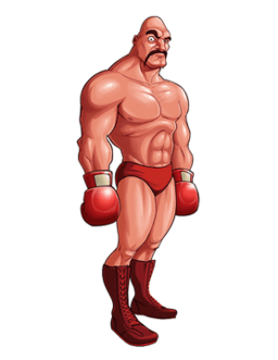 A large, muscular man cocking his eye forward. He is wearing a red speedo boots, and red boxing gloves. He is bald and had a mustache.