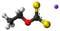 Ball-and-stick model of the component ions of sodium ethyl xanthate