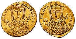 Obverse and reverse of a gold coin, showing the bust of a crowned woman, holding scepter and globus cruciger