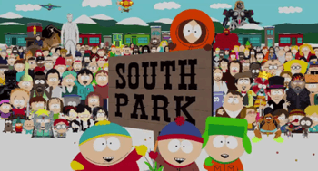 four of the main five boys are in the foreground, waving at the viewer. Kenny is climbed on a wooden sign labeled "SOUTH PARK". In the background, the entire population of the city and all the other characters present on the show have gathered, looking at the viewer also.