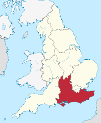 South East England, highlighted in red on a beige political map of England