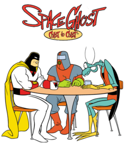 Space Ghost, Moltar, and Zorak sit around a coffee table