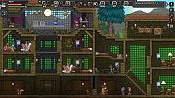 A player character and two non-playable characters rest inside a timber house.