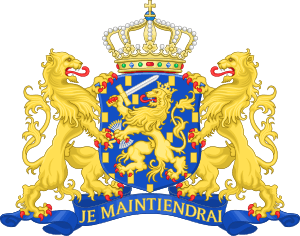 Azure, billetty Or a lion with a coronet Or armed and langued Gules holding in his dexter paw a sword Argent hilted Or and in the sinister paw seven arrows Argent pointed and bound together Or. [The seven arrows stand for the seven provinces of the Union of Utrecht.] The shield is crowned with the (Dutch) royal crown and supported by two lions Or armed and langued gules. They stand on a scroll Azure with the text (Or) "Je Maintiendrai" (French for "I will maintain".)