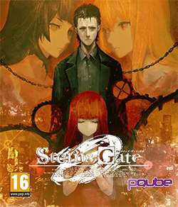 The cover art features a young man dressed in black, standing in the center, behind a young girl. They are surrounded by gears and chains, and to either side of them are large illustrations of the heads of two young women, faded into the orange background. The white logo shows the text "Steins;Gate" in front of a large "0".