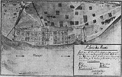 Drawing of the St. Louis street grid from the 1780s showing the river and a small village