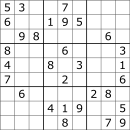 A typical Sudoku puzzle, with nine rows and nine columns that intersect at square spaces. Some of the cells are filled with a number; others are blank cells to be solved.