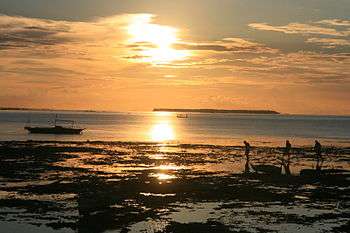 Small low green island in blue sea, at about two km. Sun is setting directly behind island.  In the foreground the tide has gone out.  Several beachcombers are walking, several boats are beached.