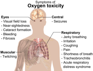 A diagraph showing a man torso and listing symptoms of oxygen toxicity: Eyes – visual field loss, near)sightedness, cataract formation, bleeding, fibrosis; Head – seizures; Muscles – twitching; Respiratory system – jerky breathing, irritation, coughing, pain, shortness of breath, tracheobronchitis, acute respiratory distress syndrome.