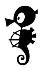 The corporate logo of Tatsunoko Productions represents a caricature of a seahorse.