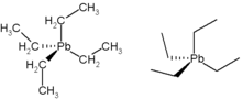 Two chemical diagrams of tetra-ethyl lead, or (CH3CH2)4Pb. On the left one, carbon and hydrogen are labeled, on the right they are shown as lines only.