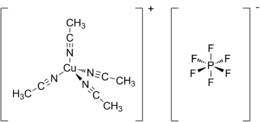 Structural formulas of the tetrakis(acetonitrile)copper(I) cation and the hexafluorophosphate anion