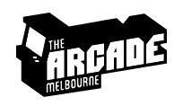 In an angled, the words "The Arcade" are uppercase and in a cartoon format, with the word Melbourne at the bottom left corner of the logo. In the depth shadow of the logo, the shadow forms an arcade booth.