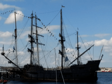 The El Galeon, a 17th century Spanish galleon replica in Boston Harbor during Sail Boston 2017.