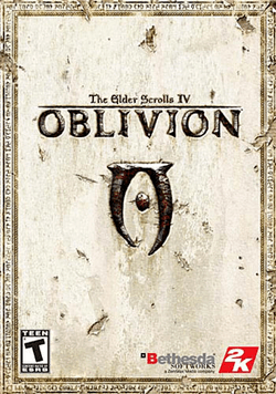 Against a plain face of aged and scratched marble, the title of the game is embossed in a metallic font. At the center of the frame, in the same style as the title, is an uneven runic trilith with a dot in its middle. Icons representing the developer, publisher, and content rating are placed along the bottom of the frame.